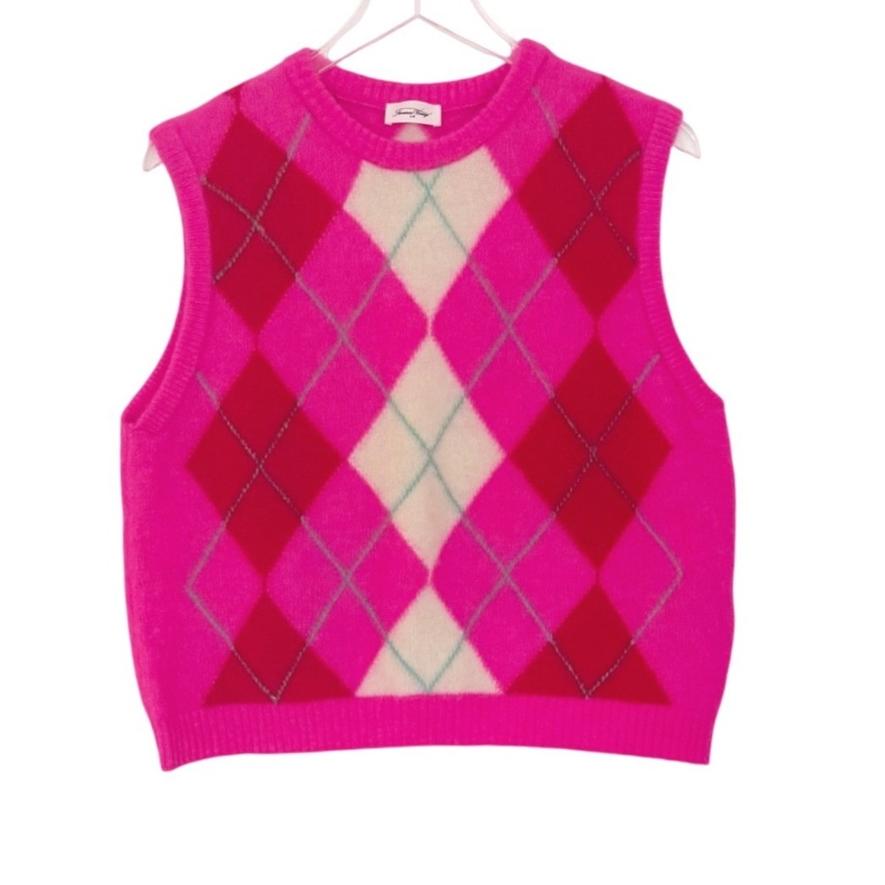 American Vintage Alpaca Blend Vitow Argyle Sweater Vest Pink Medium - Picture 4 of 10
